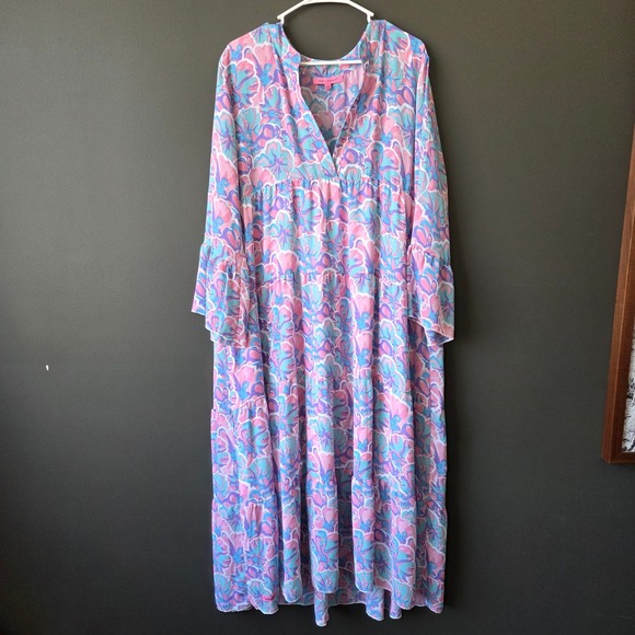 Simply Southern Dresses & Skirts - Simply Southern XXL Pink Blue Floral Tiered Maxi Dress Long‎ Bell Sleeve V-Neck